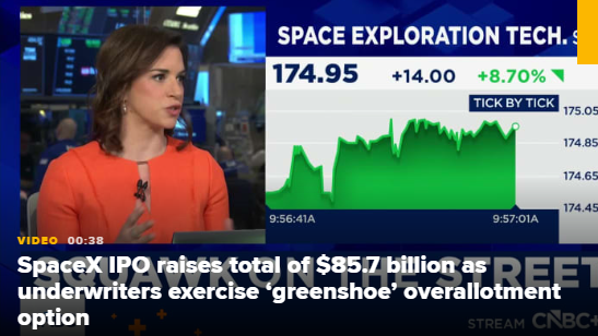 承销商行使绿鞋超额配售权，SpaceX IPO募资总额达857亿美元